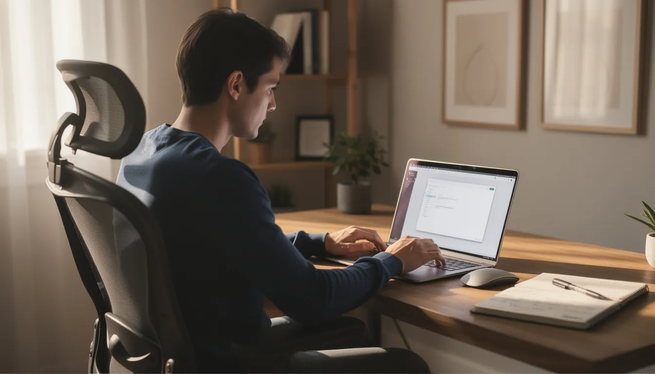 A person is sitting at a home desk, focused on a laptop computer, possibly working on an online form or researching information related to vital records like a birth certificate. The desk is organized, with a few personal items scattered around, creating a comfortable workspace.