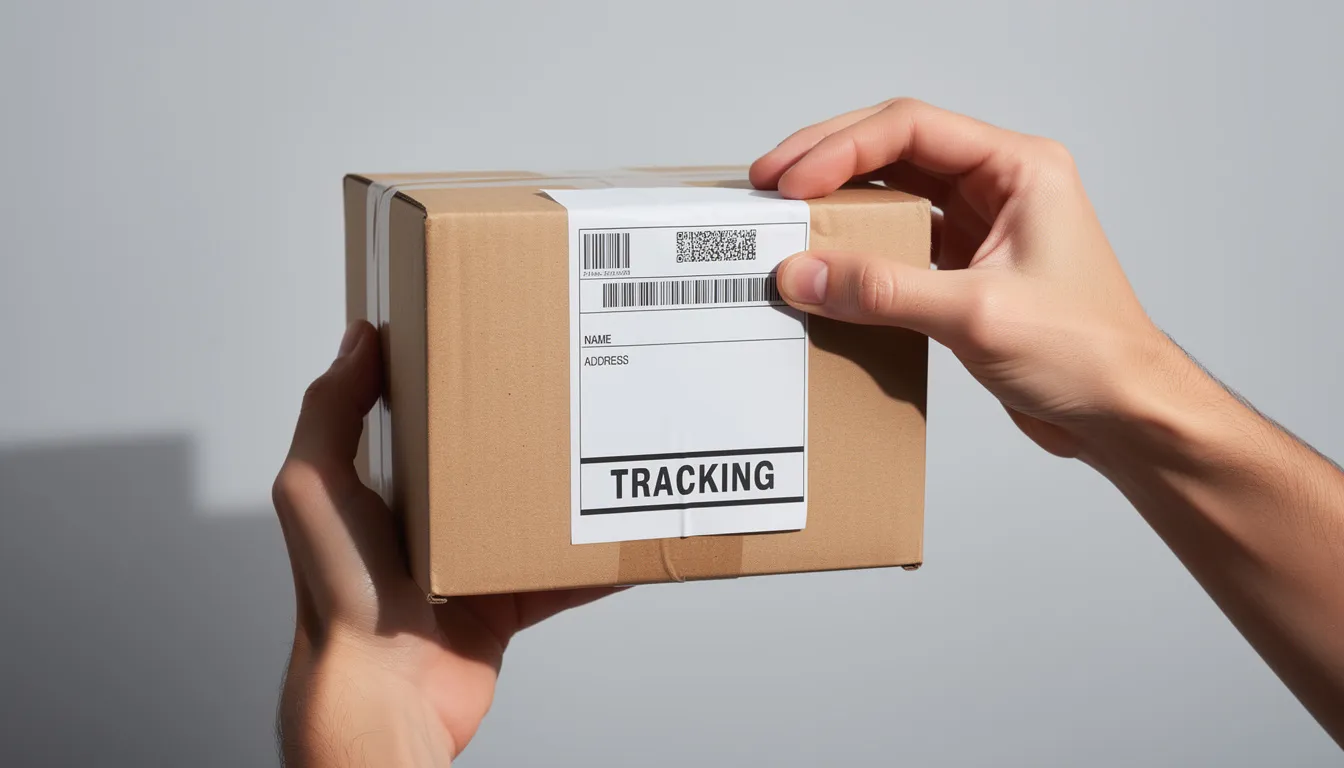The image shows a pair of hands holding a shipping label and a package, ready for courier pickup. This scene reflects the process of sending important documents, possibly for document authentication or apostille services, essential for international use in foreign countries.