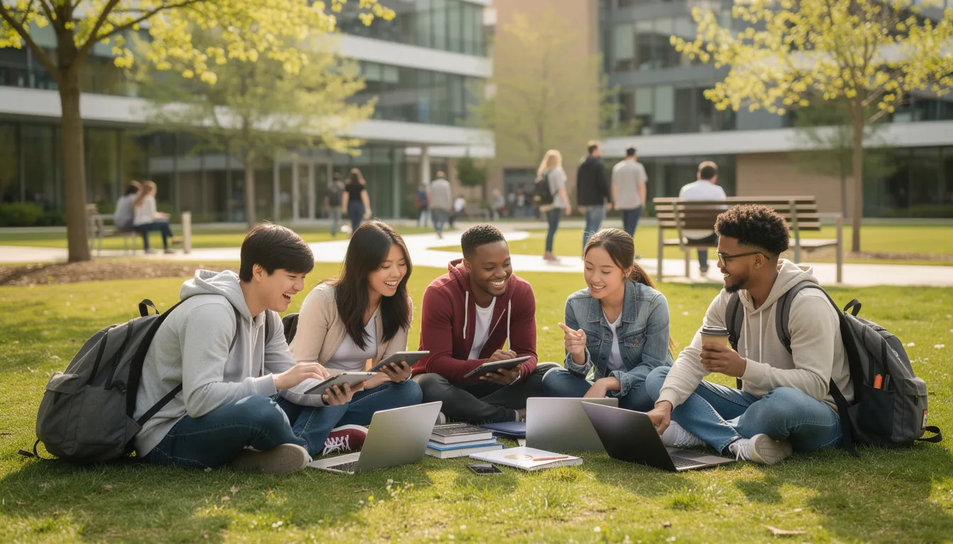 The image depicts a diverse group of international students engaged in conversation and studying outdoors on a university campus, surrounded by greenery and buildings. They represent various countries and cultures, highlighting the global nature of higher education.