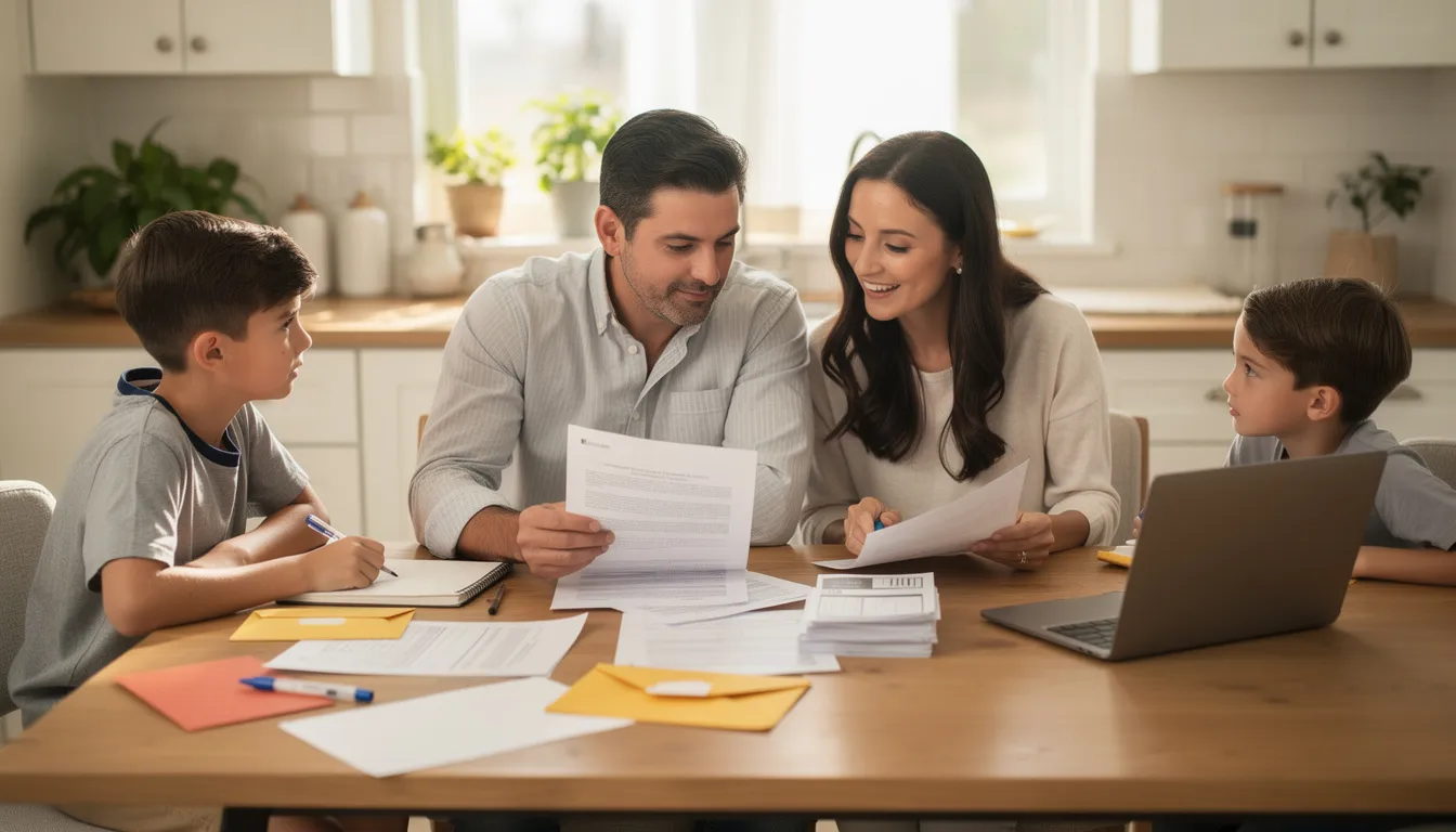A family is gathered around a kitchen table, reviewing important paperwork, including documents related to their child's birth certificate and other vital records. They appear focused, discussing the necessary information such as parents' names and identification needed to complete their birth certificate request.
