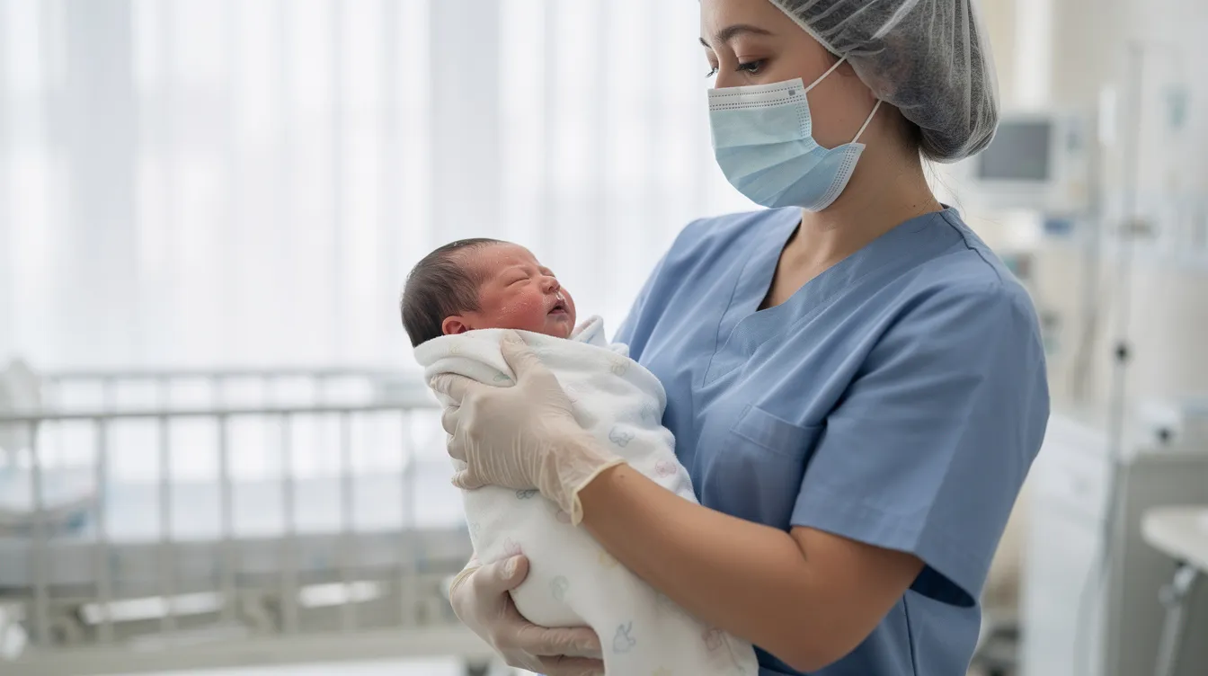 A healthcare worker gently holds a newborn baby in a hospital setting, emphasizing the importance of vital statistics and health data in monitoring birth events and ensuring public health. The scene captures the tender moment of care and the significance of accurate birth records in the national vital statistics system.