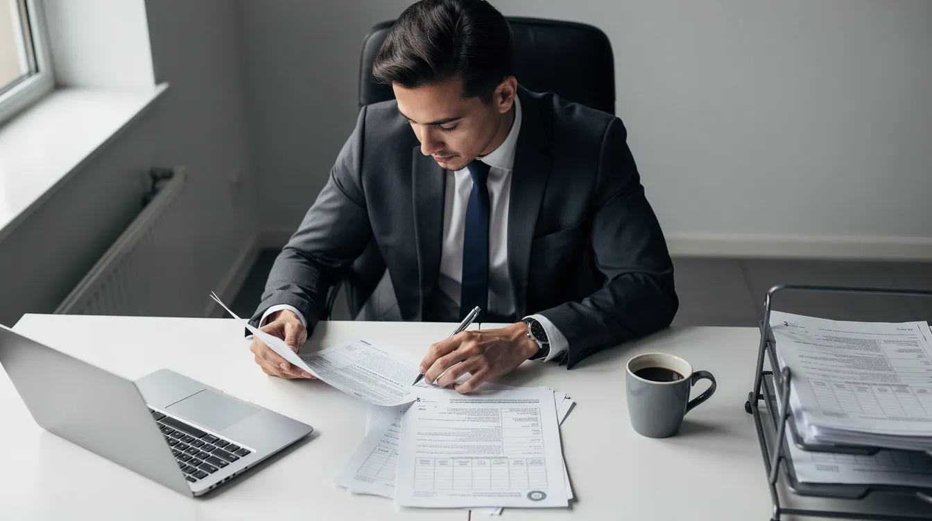 A person is sitting at a desk, reviewing various official documents, including a birth certificate, marriage certificate, and other vital records. The scene suggests they are preparing to submit forms or request certified copies from a government agency.