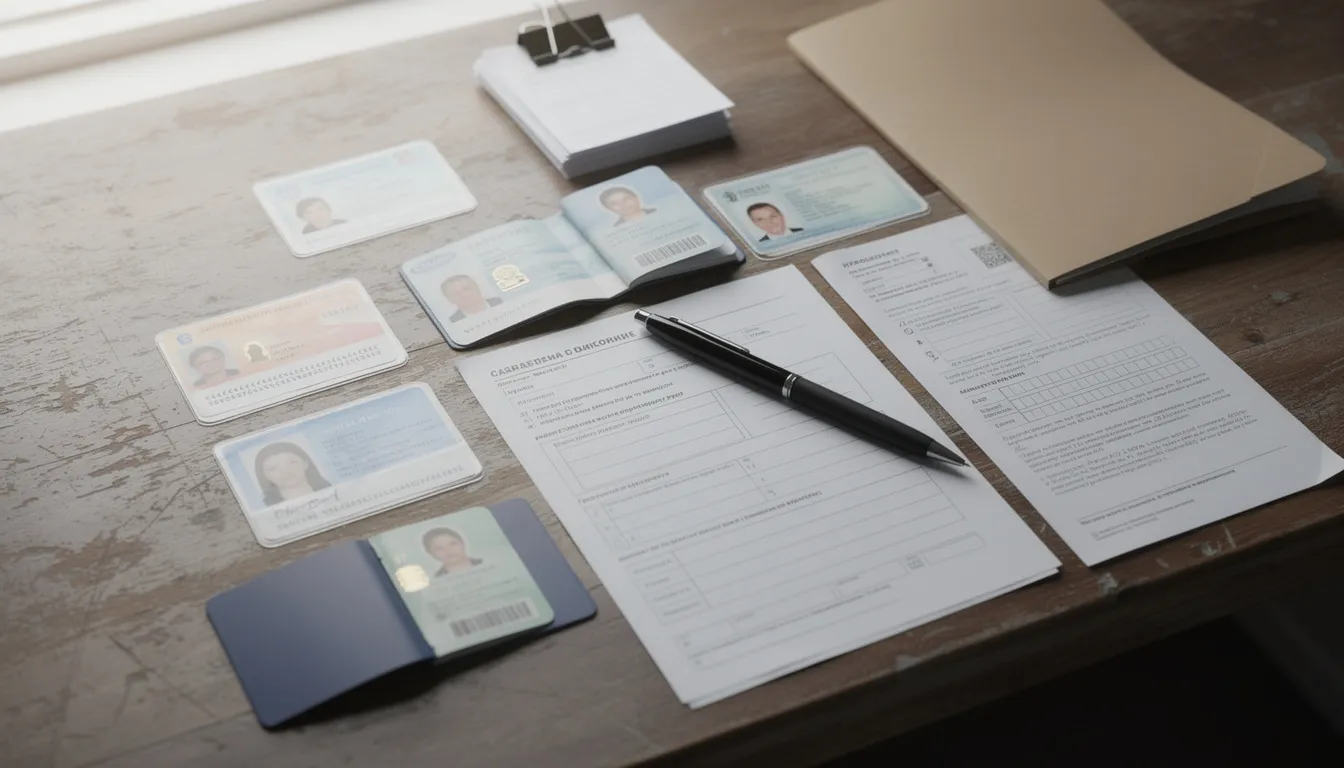 The image shows a variety of identification documents and forms, including a birth certificate, marriage certificate, and social security card, spread out on a wooden desk. These vital records are essential for individuals to verify identity and obtain certified copies from government agencies.