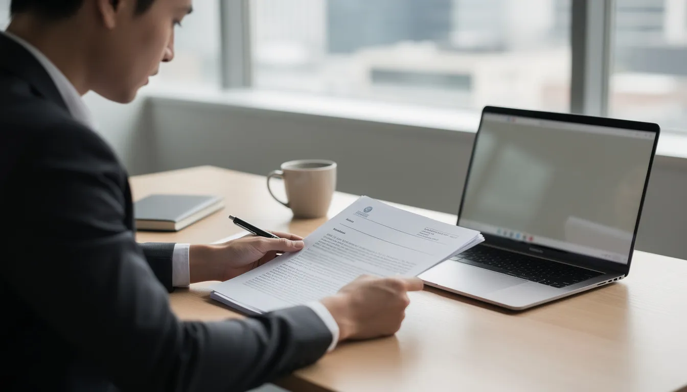 A person is seated at a desk, reviewing official documents, with a laptop open nearby. The scene suggests they may be working on obtaining vital records, such as a birth certificate or other important documents, possibly involving a birth certificate request or completing an online form.