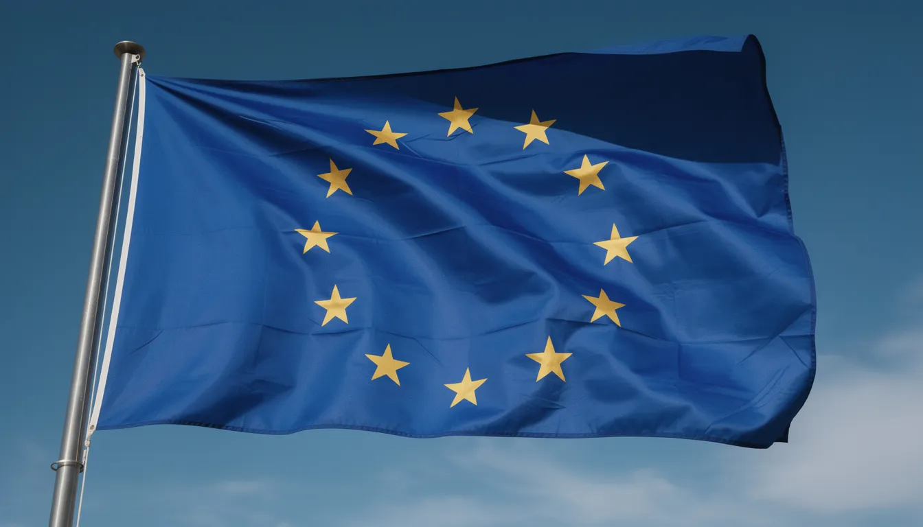 The European Union flag is prominently waving against a clear blue sky, symbolizing unity among member states, including those with Polish citizenship. This image reflects the connection to Polish heritage and the opportunities for individuals with Polish ancestry to obtain Polish citizenship.