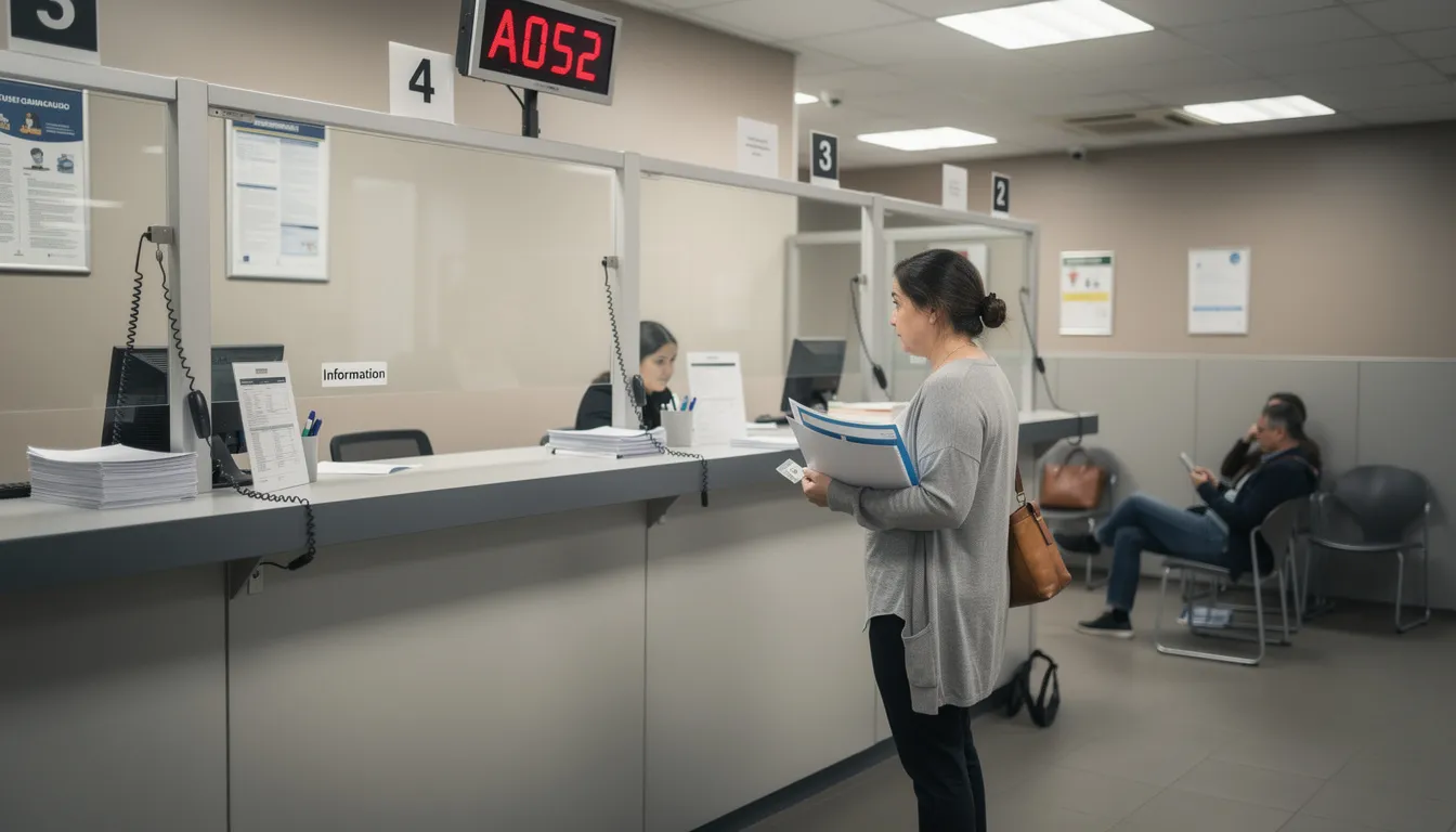 A person is standing at a government office service counter, waiting to submit important documents such as vital records or court documents for notarization. The scene suggests they may need an apostille or authentication certificate for their documents to be recognized in a foreign country.