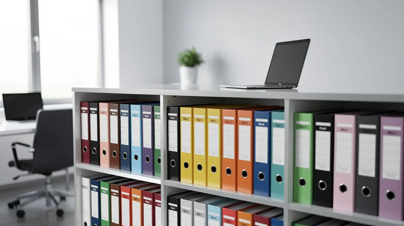 The image depicts a neatly organized array of filing folders in an office setting, showcasing a systematic arrangement that could include vital records such as birth certificates and other important documents. Each folder is labeled, indicating a methodical approach to managing records, possibly related to the state vital records office or county clerk's documentation.