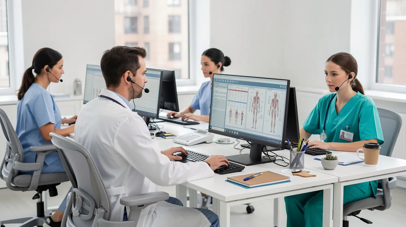 The image depicts healthcare professionals diligently working at computer stations in an office environment, likely analyzing vital statistics data related to health and human services. They may be engaged in tasks such as managing birth and death certificates, contributing to public health efforts, or maintaining registries for vital events.