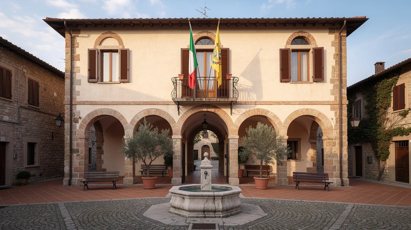 The image depicts a traditional Italian town hall building characterized by its elegant arched windows and a charming courtyard, reflecting the architectural style of Italian municipalities. This setting could evoke thoughts of Italian citizenship by descent, as many individuals seek to connect with their Italian ancestry through such historical landmarks.