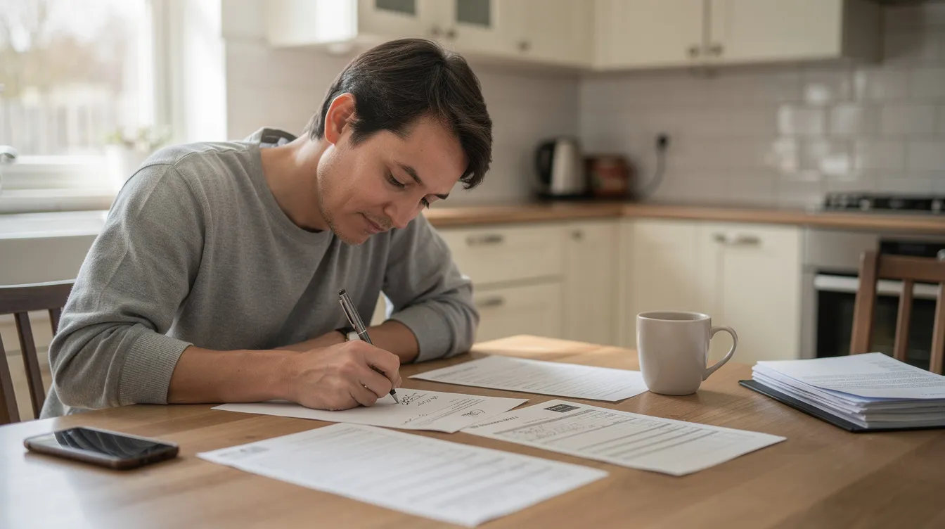 A person is seated at a kitchen table, diligently filling out forms related to vital records, such as a birth certificate. The setting suggests they are conducting official business, possibly for obtaining certified copies or completing a notarized sworn statement.
