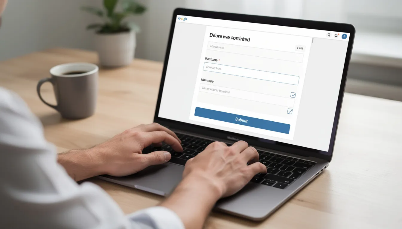 The image shows hands typing on a laptop, where an online form is displayed, likely for requesting a birth certificate or other vital records. The form may require details such as the full name, date of birth, and parents' names to complete the application.