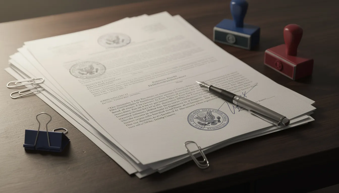 The image depicts a collection of official government documents, including birth certificates and marriage licenses, adorned with stamps and seals, resting on a polished wooden desk. These notarized documents are indicative of the apostille process and may be required for authentication by a foreign country.