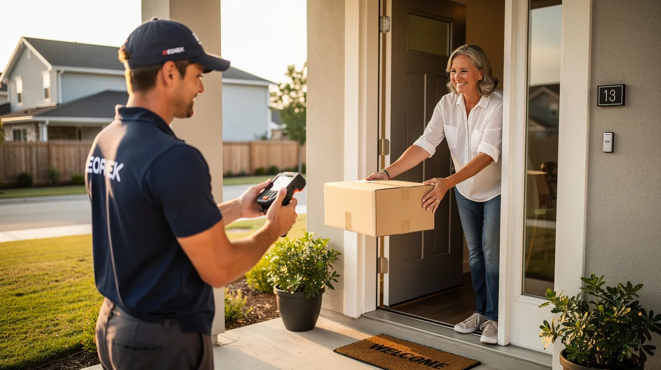 A delivery person is handing a package to a homeowner at the front door, ensuring the safe delivery of important documents like birth certificates or other vital records. The scene captures the moment of confirming delivery, highlighting the importance of reliable service for obtaining essential documents.