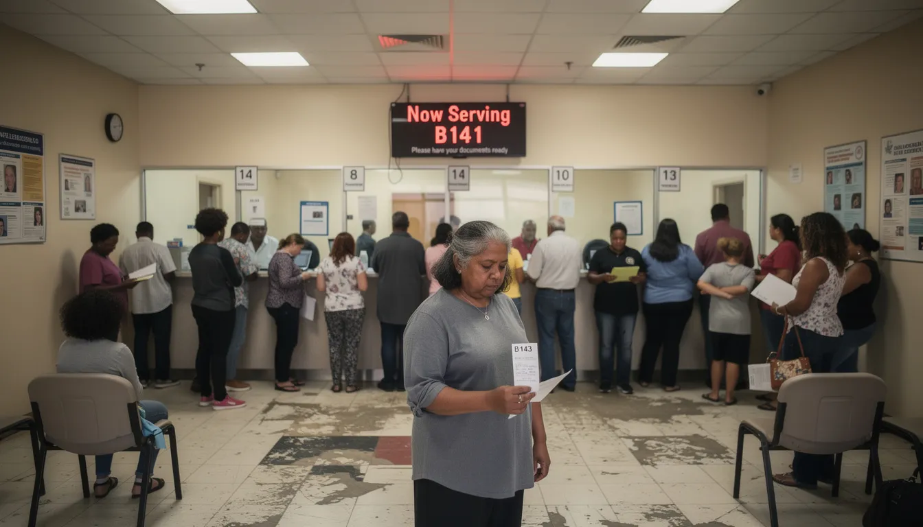 The image shows a diverse group of people waiting in line at a government services office, likely to obtain important documents such as a birth certificate or marriage license. Some individuals are holding forms, while others appear to be discussing their needs for vital records or other official documents.