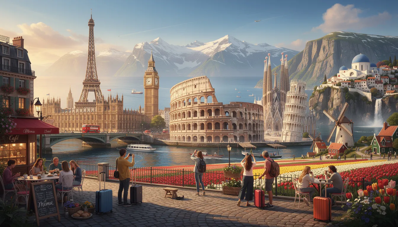 The image showcases iconic European landmarks, including the Eiffel Tower, Colosseum, and Big Ben, symbolizing the rich cultural heritage of various European countries. It highlights the significance of travel and exploration within the European Union, where individuals with Hungarian ancestry can obtain Hungarian citizenship by descent, connecting them to their roots.