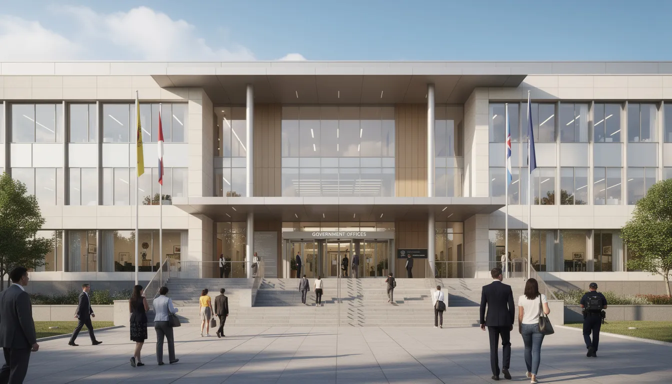 The image depicts a modern government building with a sleek exterior, where several people are entering, likely to obtain vital records such as birth certificates or marriage certificates. The scene suggests a bustling environment focused on providing essential services to the public.